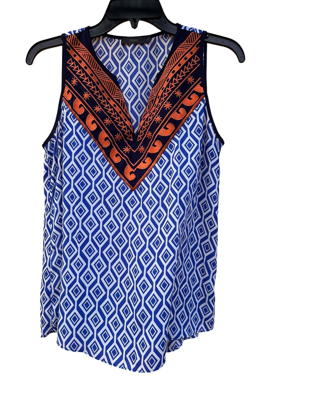 THML Size Small Geometric Sleeveless Blouse Blue White Embroidered Boho Top